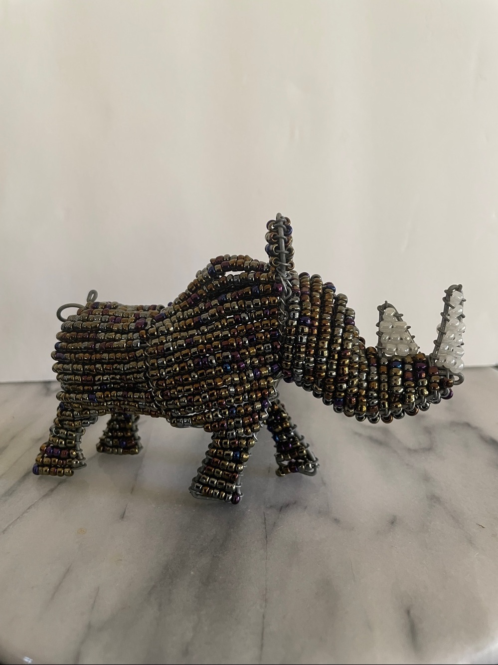 African Handmade Rhinoceros Beaded Wire Frame Home Decor Accent Figurine -Copper